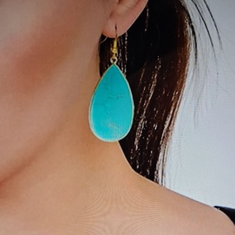 Elegant Turquoise Teardrop Earrings In Gold Setting New With Box